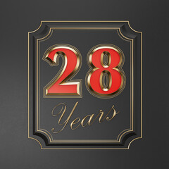 Red inscription  twenty-eight years (28 years) with gold edges on a dark background with gold edging