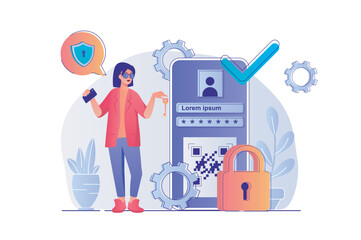 Cyber security concept with people scene. Woman accesses mobile application using safety password, online protection of personal accounts. Vector illustration with characters in flat design for web