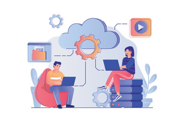 Cloud computing concept with people scene. Man and woman processing information at laptops using cloud technology, data storage and backup. Vector illustration with characters in flat design for web