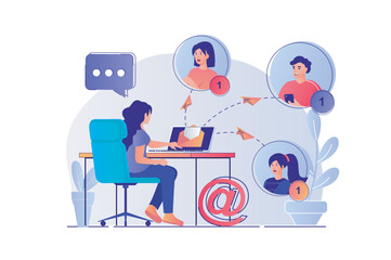 Fototapeta premium Email service concept with people scene. Woman keeping online correspondence, chatting, receiving and sending letters for online friends. Vector illustration with characters in flat design for web