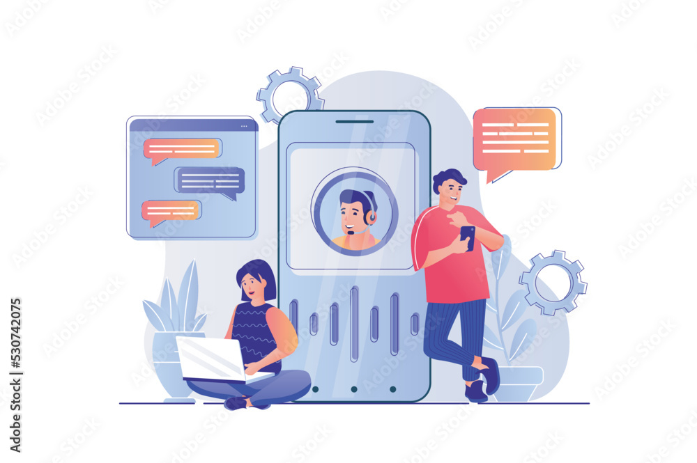 Aufkleber virtual assistant concept with people scene. woman and man make video calling or writing message to 