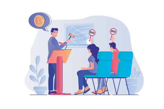 Auction concept with people scene. Man auctioneer selling art painting, byers bidding, buying and investment money in valuable artworks. Vector illustration with characters in flat design for web