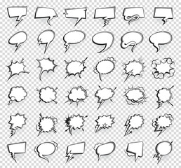 Comic speech bubbles, isolated think and talk balloon clouds, cartoon vector. Comic speech dialog icons, blank empty message chat dialogue, speak or thought bubble templates, pop art sound balloons