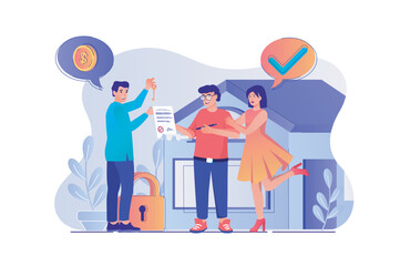 Real estate concept with people scene. Woman and man choosing apartment and buying new house, agent makes deal with buyers and gives key. Vector illustration with characters in flat design for web