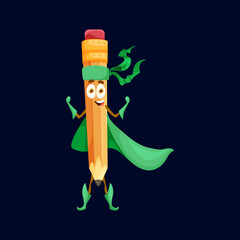 Cartoon funny pencil superhero character. Isolated vector school or office stationery personage showing muscles. Wooden tool for writing, strong smiling superhero wear green cape and mask