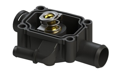Thermostat engine cooling system, 3D rendering isolated on white background. Automotive spare parts. 