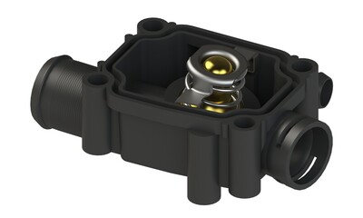 Thermostat engine cooling system, 3D rendering isolated on white background. Automotive spare parts. 