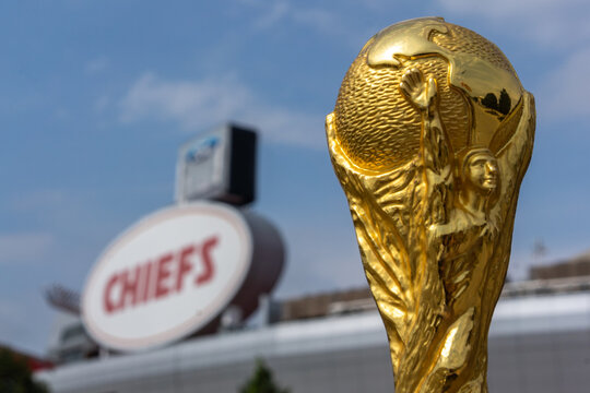 USA, Kansas city, September 2022: The GEHA Field at Arrowhead Stadium.The Cup of FIFA on foreground of stadium Chiefs. The World Cup of soccer FIFA will be take in the USA, Canada and Mexico.