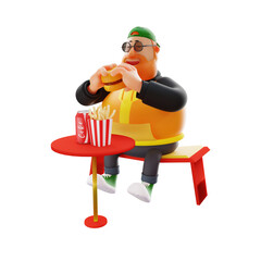 3D illustration. Cool Fat Man 3D character design eating a burger. sit facing the dining table. showing a happy expression. 3D Cartoon Character