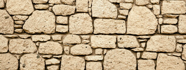 Stone Wall Pattern Texture Abstract Indoor Grunge Surface. Stonework Web Banner Backdrop or Background Copy Space  Sepia Style