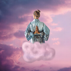 The woman is meditating on the cloud. Aesthetic art collage with beautiful sunset sky and mirror reflection in round frame. Minimal