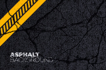 Asphalt road background texture with cracks pattern, vector yellow street line. Road black tarmac surface, highway bitumen or asphalt grunge pavement with cracked tar stone and traffic lane marking