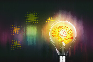 glowing lightbulb with drawing brain, creative thinking ideas and innovation concept. on a colorful bright blurred background