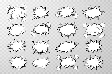 Hand drawn collection of empty comic speech bubbles stickers with cloud, stars isolated. Pop art vector cartoon illustration in retro style. Design for comic book, poster, banner, card