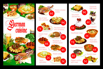 German food menu, cuisine dishes and restaurant meals, vector lunch and dinner. German cuisine traditional schnitzel and curry wurst sausages, beer and potato, Munich meat puffs and ice cream dessert