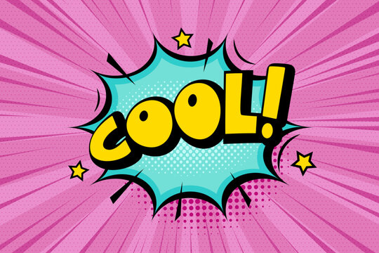 Cool comic speech bubble with cloud, stars, rays and halftone effect pink background. Pop art vector cartoon illustration in retro style. Design for comic book, poster, banner