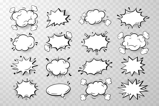 Hand drawn collection of empty comic speech bubbles stickers with cloud, stars, halftone shadows. Pop art vector cartoon illustration in retro style. Design for comic book, poster, banner, card