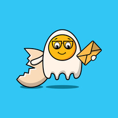 Cute cartoon fried eggs holding envelope with cartoon vector illustration style