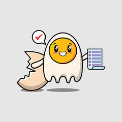 Cute cartoon fried eggs character holding checklist note in concept flat cartoon style