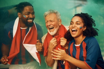 Excited fans cheering during sports championship at stadium.