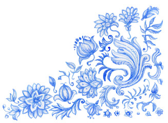 Watercolor painted indigo blue vignette pattern isolated on transparent background. Card frame with hand drawn Baroque and floral ornaments 