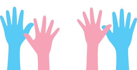 Obraz premium Silhouette of blue, pink and white colored hands as the colors of the transgender flag. Flat design illustration.