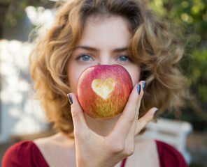 healthy eating - young woman holds a red apple in front of her face with a heart cut out in it....