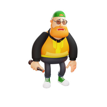  3D illustration. 3D Cartoon character of fat man holding a bottle. slightly bent body. showing tired facial expressions. 3D Cartoon Characters