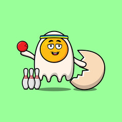 Cute cartoon fried eggs character playing bowling in flat modern style design illustration