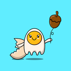 Cute cartoon fried eggs floating with acorn balloon cartoon vector illustration