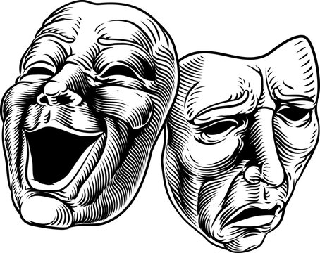 Theater or theatre drama comedy and tragedy masks in a vintage woodcut etching style