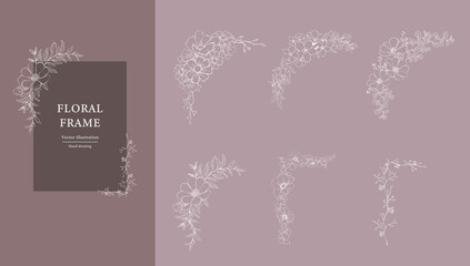 Botanical decorative frame design set . White line hand drawn floral borders and divider with branch vector illustration. Elegant line wedding herb, elegant leaves for invitation save the date card.
