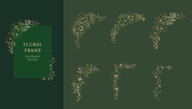Botanical Decorative Frame Design Set . Gold Line Hand Drawn Floral Borders And Divider With Branch Vector Illustration. Elegant Line Wedding Herb, Elegant Leaves For Invitation Save The Date Card.
