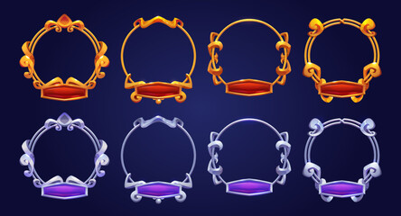 Ui game frames for avatar, gold and silver round borders with ornate rims and name plaques. Isolated cartoon graphic design gui elements for medieval rpg, mmo game or app, Vector illustration, set
