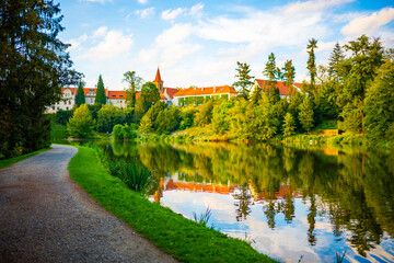 Obraz premium View of Pruhonice castle from the pond in a castle park, Czech Republic 