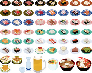 回転寿司の人気メニューアイコン①（まぐろ、いくら、うに、天ぷら、茶碗蒸し）
