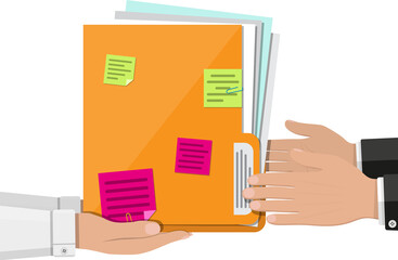 Documents folder with paper sheets, sticky notes