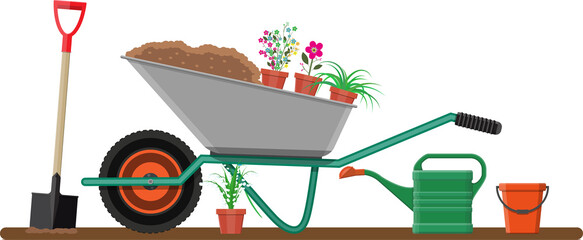 Formal garden with wheelbarrow, flowers, shovel © absent84