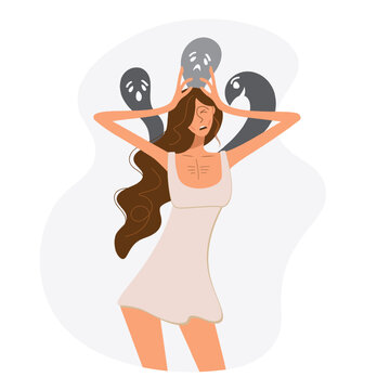 Sick depressed anorexic woman. The poor girl is mentally ill. The concept of depressive disorder, persecution mania. Slim build with anorexia. Vector flat illustration isolated background.