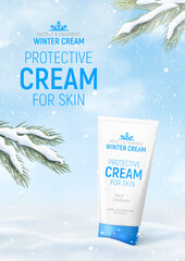 Winter cosmetic ad banner template. Realistic winter landscape with tube of winter cream on snow. Vector 3d ad illustration for promotion of goods and cosmetic.