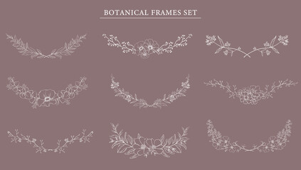 Botanical Frame set . White line hand drawn floral borders and divider with branch vector illustration. Elegant line wedding herb, elegant leaves for invitation save the date card.