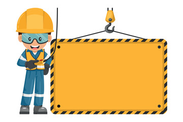 Industrial worker handling overhead crane holding sign with space to copy and paste text. Personal protection equipment. Safety first sign. Industrial safety and occupational health at work