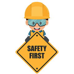 Industrial worker holding safety first sign. Engineer with his personal protective equipment. Industrial safety and occupational health at work - obrazy, fototapety, plakaty