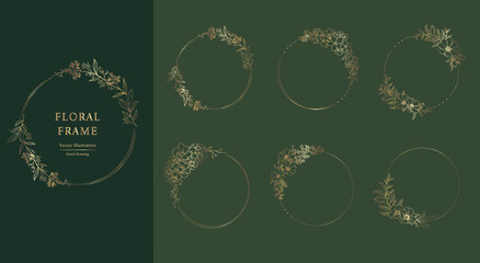 Floral Frame set . Hand drawn Botanical vector illustration. Round flower wreath. Gold color.