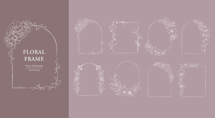 Floral Frame set . Hand drawn Botanical vector illustration. Flower line wreath white color.
