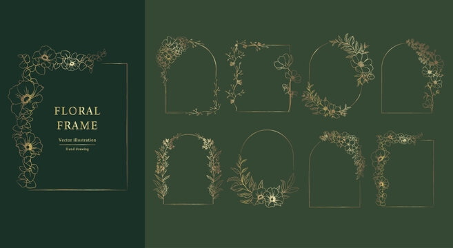 Floral Frame set . Hand drawn Botanical vector illustration. Gold flower wreath.