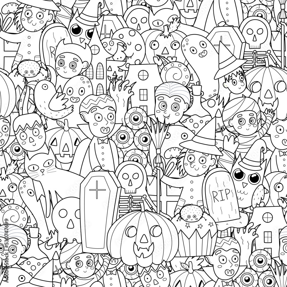 Wall mural Black and white seamless pattern with Halloween characters. Doodle coloring page for adult and kids with pumpkin, witch, ghost and others. Vector illustration