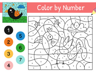 Cute bird color by number game for kids. Coloring page with funny crow character. Printable worksheet with solution for school and preschool. Vector illustration
