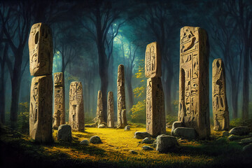 An ancient place of power. Megalithic stone pillars in the night forest. Realistic digital illustration. Fantastic Background. Concept Art. Video Game Scene. CG Artwork.