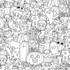 Black and white seamless pattern with Halloween characters. Doodle coloring page for adult and kids with pumpkin, witch, ghost and others. Vector illustration